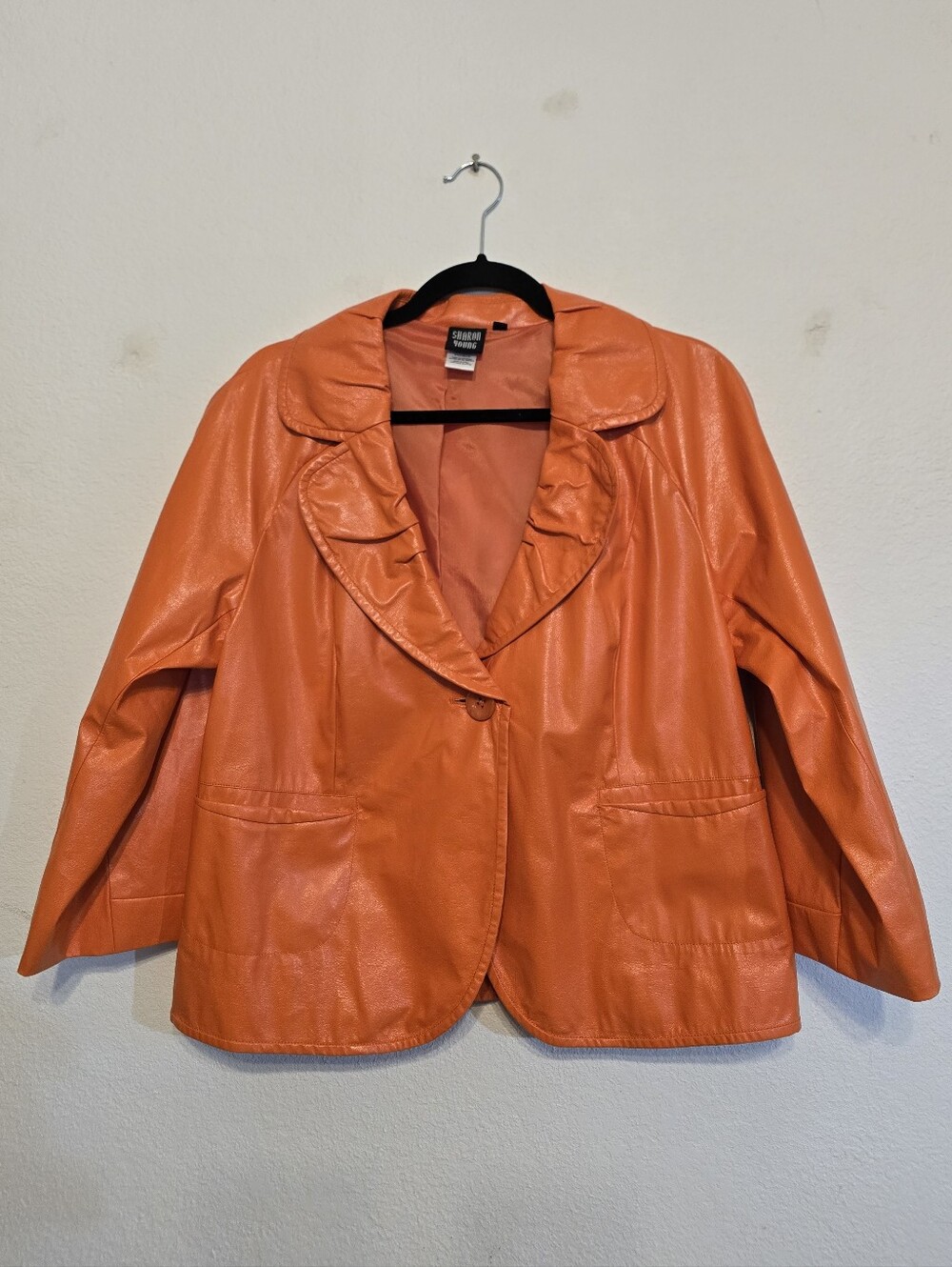 Sharon Young Orange Faux Leather Blazer Jacket Ruffle Collar Coat Size 14